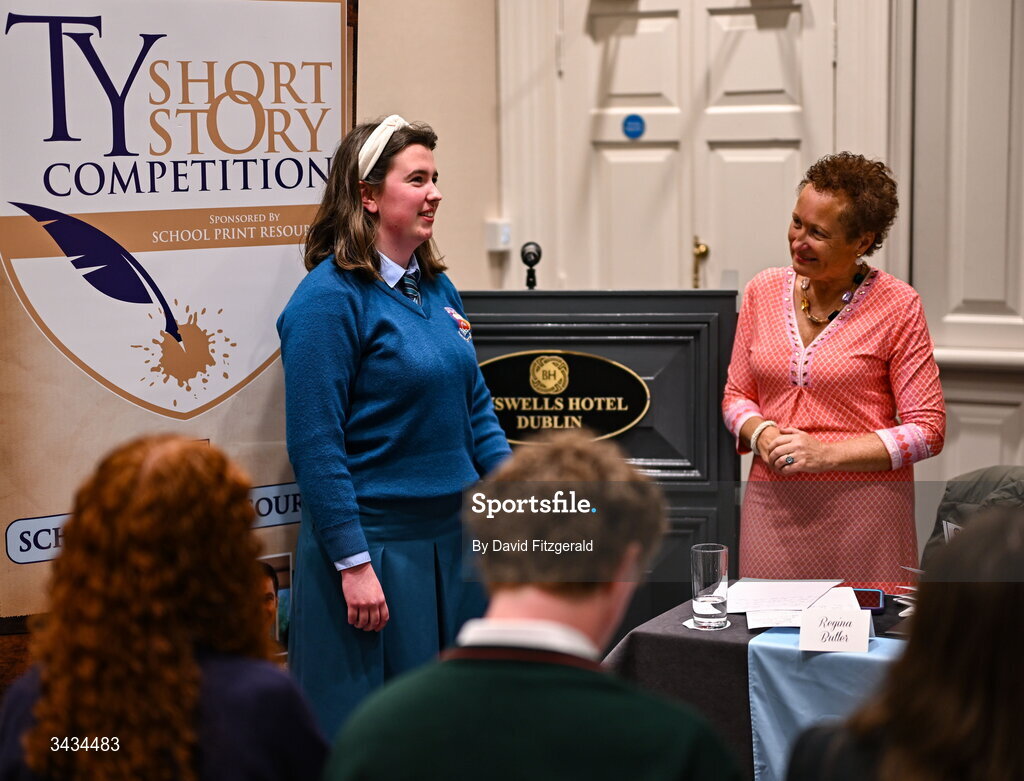 22 April 2026; National TY Short Story Competition finalist Tara Flynn of Castletroy College, Limerick, author of 'Bread Rolls and Bank Robbers', speaking with judge Regina Butler during the 3rd National TY Short Story Competition award ceremony at Buswells Hotel in Dublin. Photo by David Fitzgerald/Sportsfile