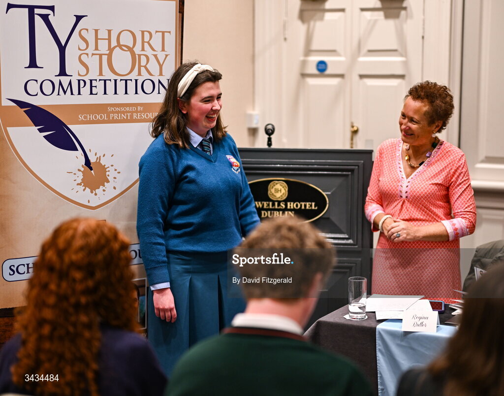 22 April 2026; National TY Short Story Competition finalist Tara Flynn of Castletroy College, Limerick, author of 'Bread Rolls and Bank Robbers', speaking with judge Regina Butler during the 3rd National TY Short Story Competition award ceremony at Buswells Hotel in Dublin. Photo by David Fitzgerald/Sportsfile