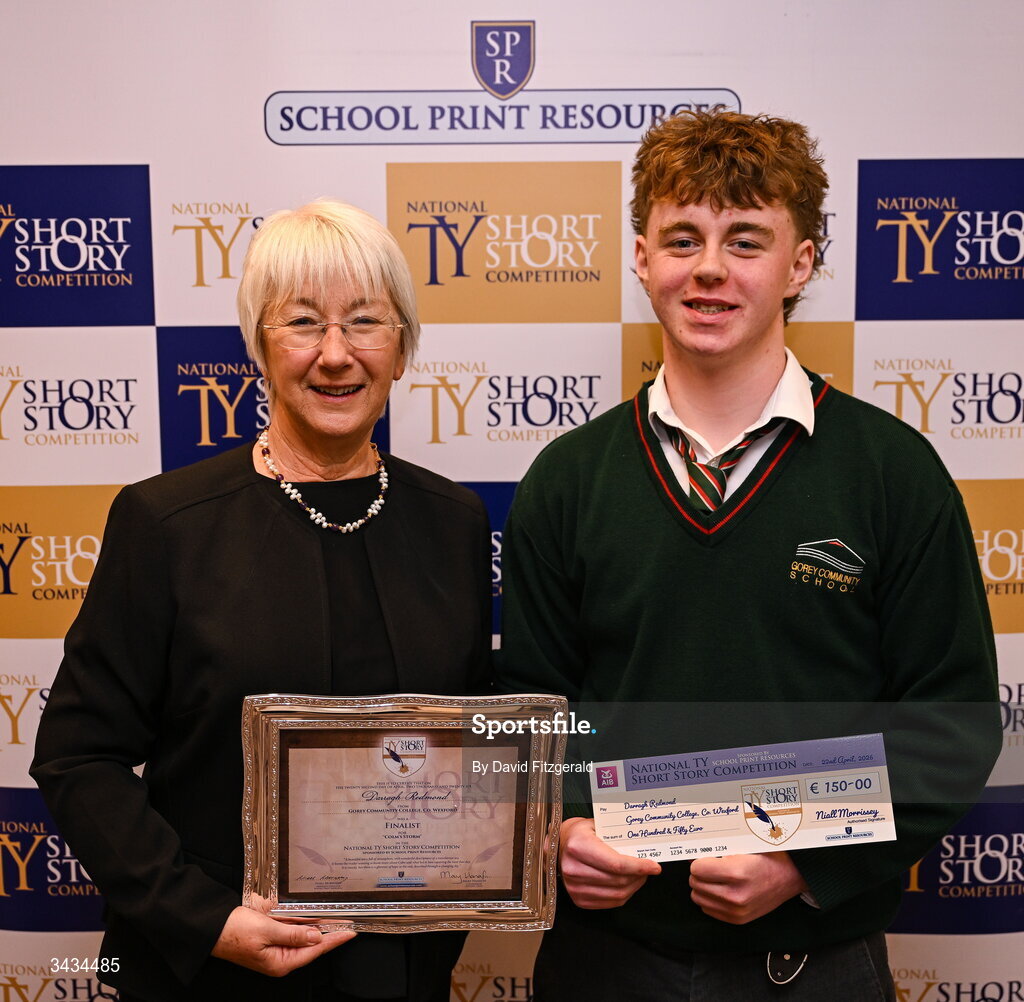 22 April 2026; National TY Short Story Competition finalist Darragh Redmond of Gorey Community College, Co Wexford, author of 'Colm's Storm', poses with his certificate alongside Former Minister for Education and Youth of Ireland Mary Hanafin during the 3rd National TY Short Story Competition award ceremony at Buswells Hotel in Dublin. Photo by David Fitzgerald/Sportsfile