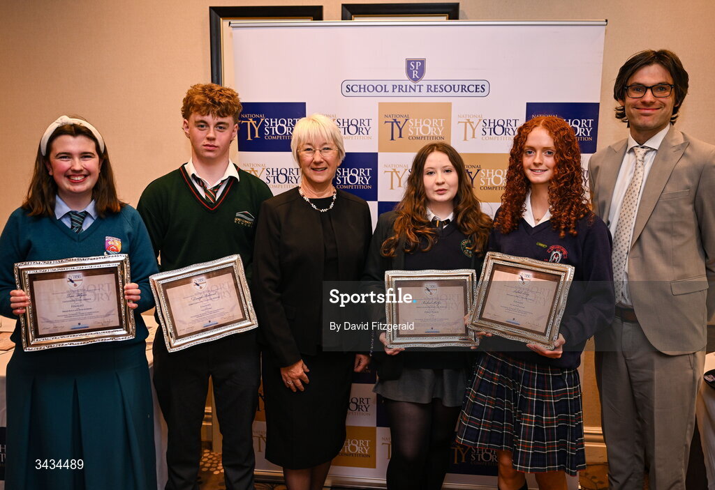 22 April 2026; Former Minister for Education and Youth of Ireland Mary Hanafin, centre, and School Print Resources managing director Niall Morrissey with finalists, from left, Tara Flynn of Castletroy College, Limerick, Darragh Redmond of Gorey Community College, Wexford, winner Rachael McGee of Crana College, Buncrana, Donegal and Sadhbh King of Our Lady's School, Terenure, Dublin during the 3rd National TY Short Story Competition award ceremony at Buswells Hotel in Dublin. Photo by David Fitzgerald/Sportsfile