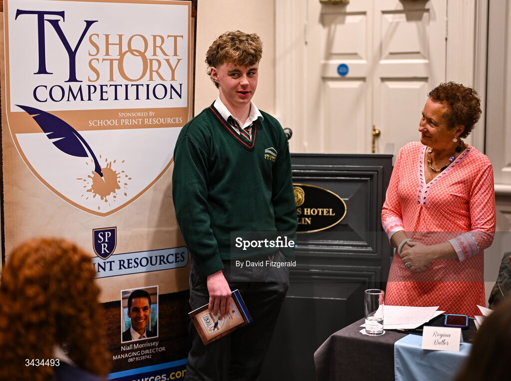22 April 2026; National TY Short Story Competition finalist Darragh Redmond of Gorey Community College, Co Wexford, author of 'Colm's Storm', speaking with judge Regina Butler during the 3rd National TY Short Story Competition award ceremony at Buswells Hotel in Dublin. Photo by David Fitzgerald/Sportsfile