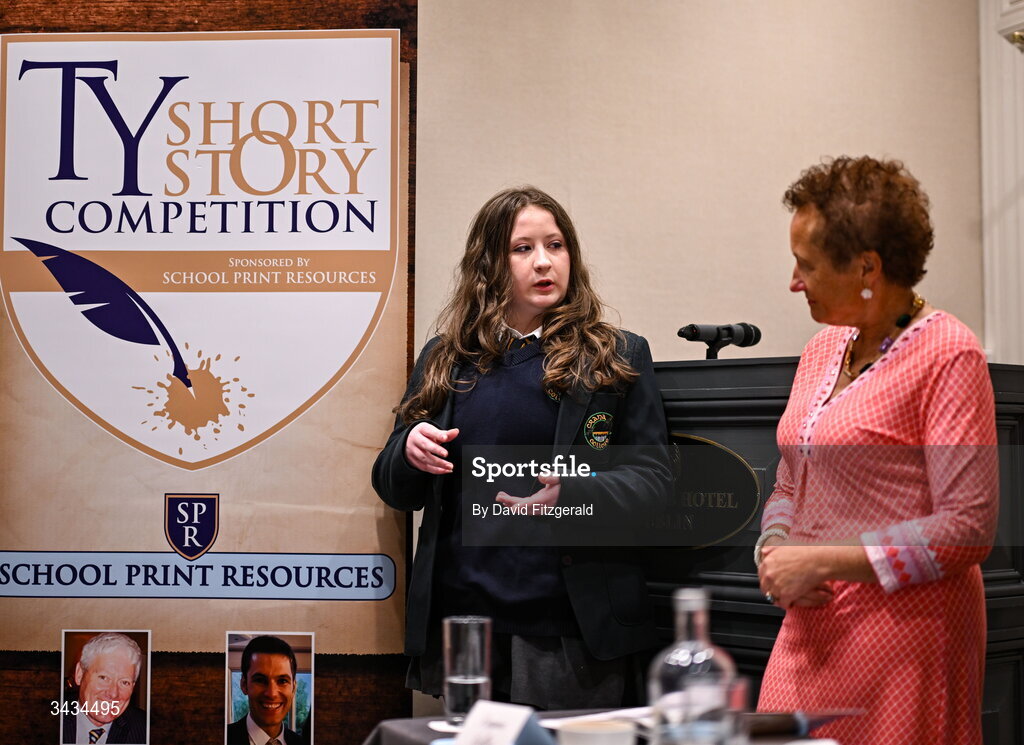 22 April 2026; National TY Short Story Competitionwinner Rachael McGee of Crana College, Buncrana, Co Donegal, author of 'Flour', speaking with judge Regina Butler during the 3rd National TY Short Story Competition award ceremony at Buswells Hotel in Dublin. Photo by David Fitzgerald/Sportsfile