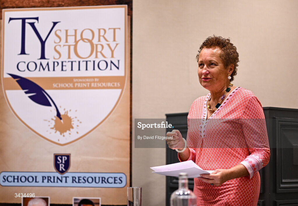 22 April 2026; Judge Regina Butler speaking during the 3rd National TY Short Story Competition award ceremony at Buswells Hotel in Dublin. Photo by David Fitzgerald/Sportsfile