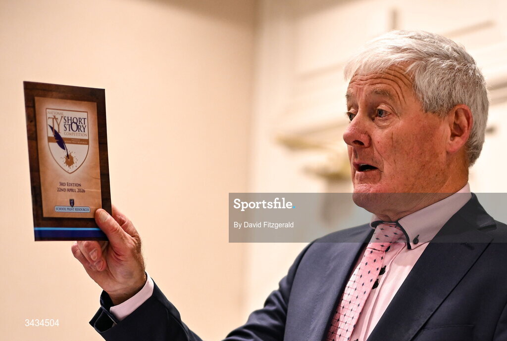 22 April 2026; School Print Resources chairman Tom Morrissey speaking during the 3rd National TY Short Story Competition award ceremony at Buswells Hotel in Dublin. Photo by David Fitzgerald/Sportsfile