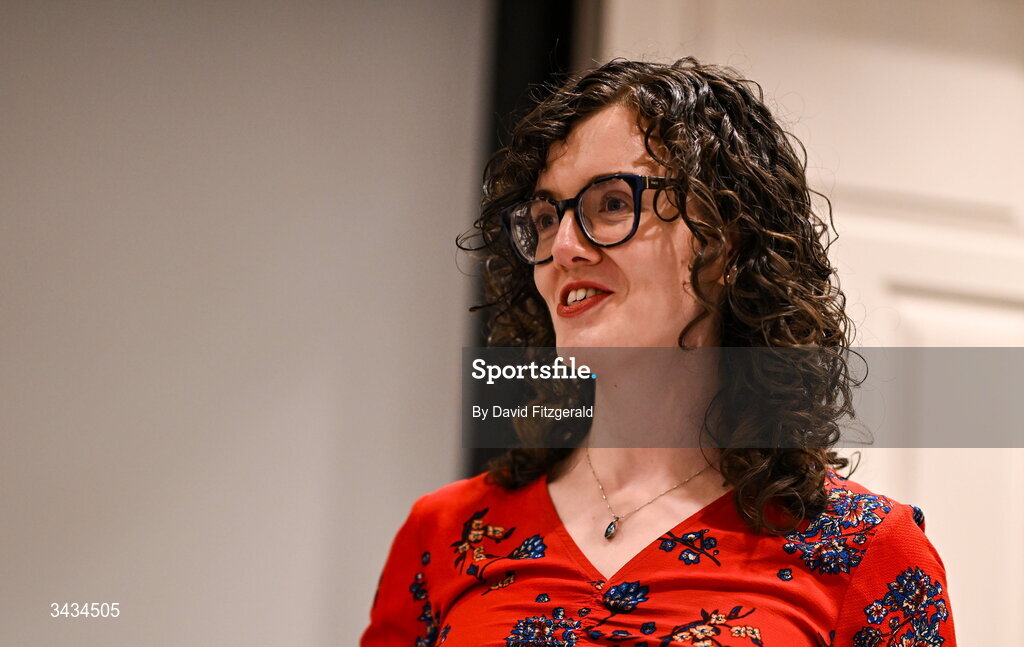 22 April 2026; Emma Corcoran, recipient of an All-Ireland Scholarship in 2011, speaking during the 3rd National TY Short Story Competition award ceremony at Buswells Hotel in Dublin. Photo by David Fitzgerald/Sportsfile