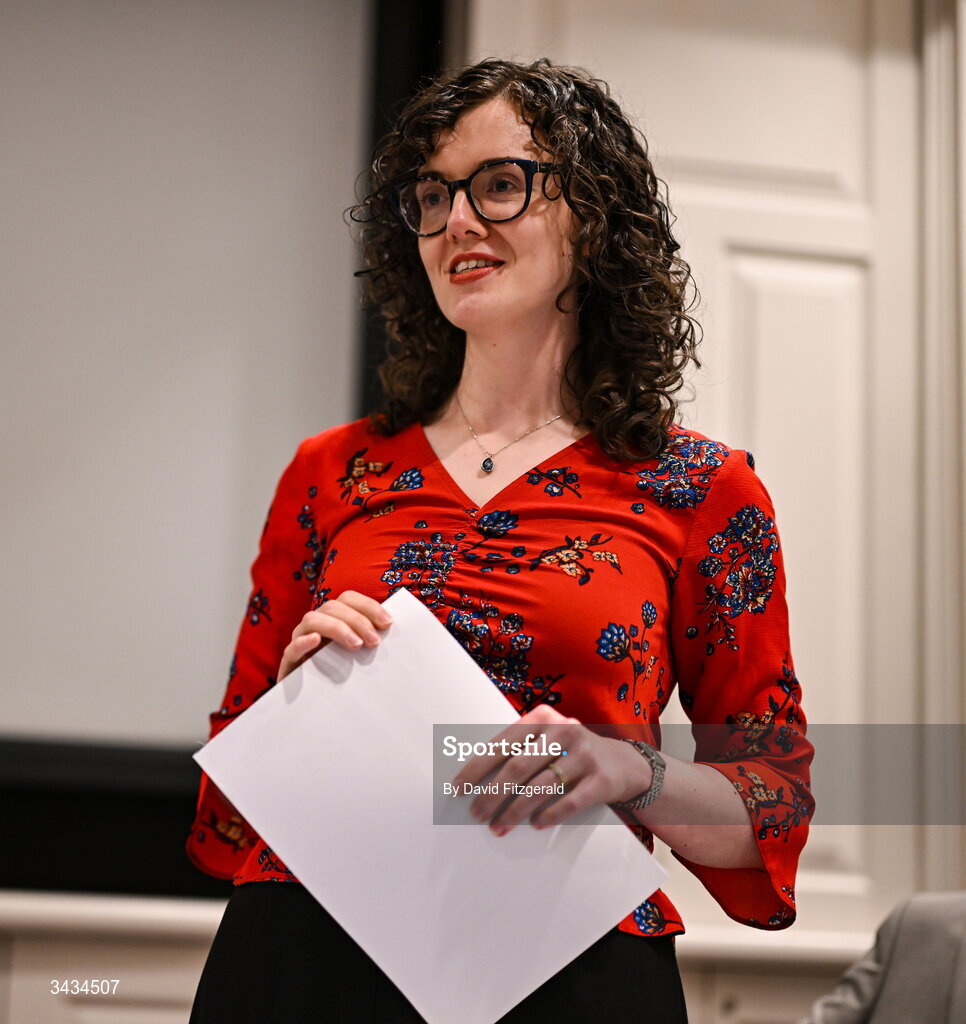 22 April 2026; Emma Corcoran, recipient of an All-Ireland Scholarship in 2011, speaking during the 3rd National TY Short Story Competition award ceremony at Buswells Hotel in Dublin. Photo by David Fitzgerald/Sportsfile