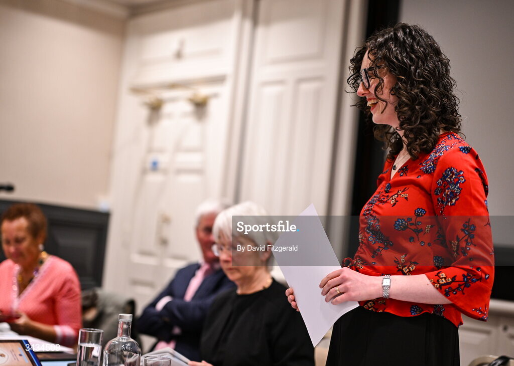 22 April 2026; Emma Corcoran, recipient of an All-Ireland Scholarship in 2011, speaking during the 3rd National TY Short Story Competition award ceremony at Buswells Hotel in Dublin. Photo by David Fitzgerald/Sportsfile
