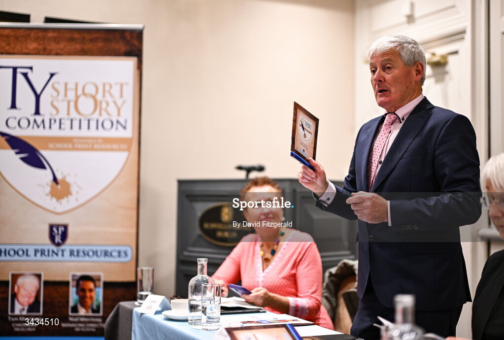 22 April 2026; School Print Resources chairman Tom Morrissey speaking during the 3rd National TY Short Story Competition award ceremony at Buswells Hotel in Dublin. Photo by David Fitzgerald/Sportsfile