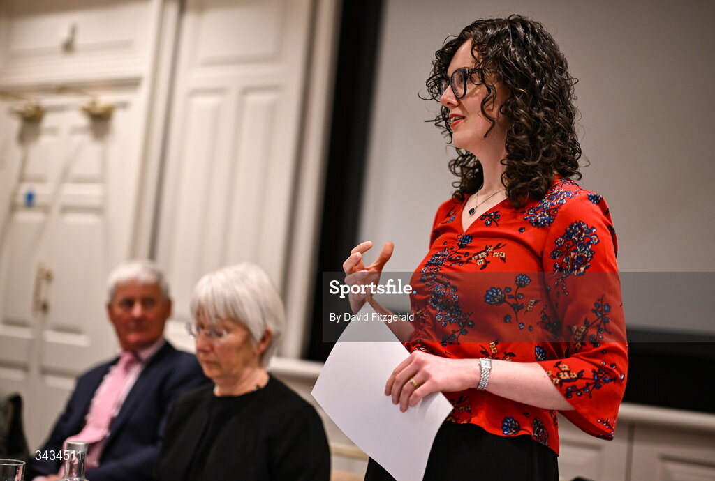 22 April 2026; Emma Corcoran, recipient of an All-Ireland Scholarship in 2011, speaking during the 3rd National TY Short Story Competition award ceremony at Buswells Hotel in Dublin. Photo by David Fitzgerald/Sportsfile