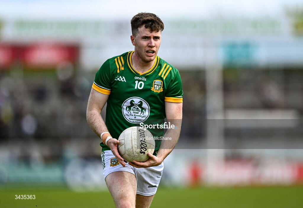 19 April 2026; Jack O'Connor of Meath during the Leinster GAA Football Senior Championship quarter-final match between Meath and Westmeath at Glenisk O'Connor Park in Tullamore, Offaly. Photo by Ben McShane/Sportsfile