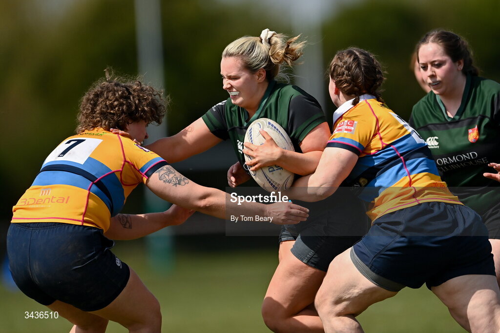 25 April 2026; Saoirse Egan of Birr RFC is tackled by Beth Roche, left, and Amelie Cree of Clondalkin RFC during the Leinster Rugby Women's Paul Cusack Plate final match between Birr RFC and Clondalkin RFC at Portlaoise RFC in Portlaoise, Laois. Photo by Tom Beary/Sportsfile