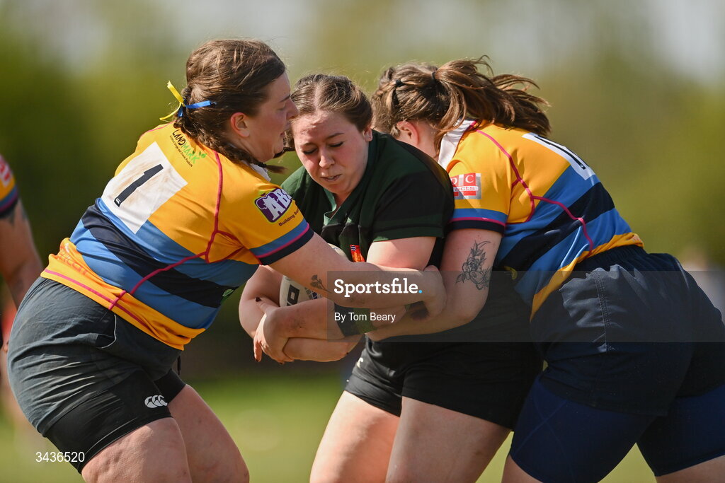 25 April 2026; Orlaith Plunkett of Birr RFC is tackled by Aine Costello, left, and Lizzie Crumpton of Clondalkin RFC during the Leinster Rugby Women's Paul Cusack Plate final match between Birr RFC and Clondalkin RFC at Portlaoise RFC in Portlaoise, Laois. Photo by Tom Beary/Sportsfile