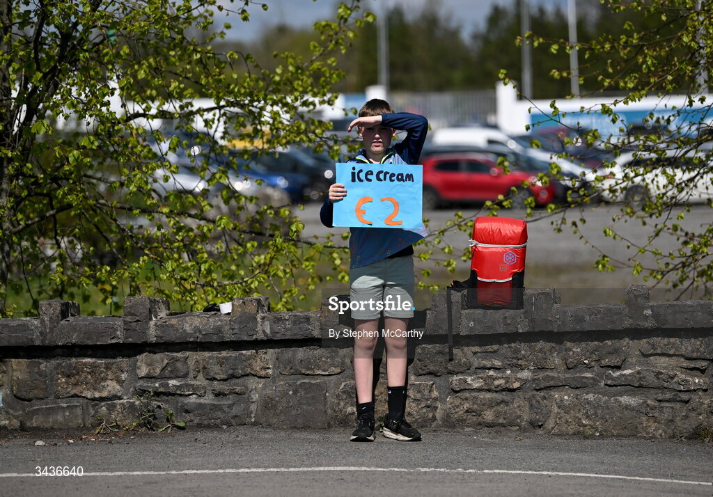 25 April 2026; Ice-cream vendor Nathan Ferguson awaits customers before the Connacht GAA Football Senior Championship semi-final match between Leitrim and Galway at Heartland Credit Union Páirc Seán Mac Diarmada in Carrick-on-Shannon, Leitrim. Photo by Stephen McCarthy/Sportsfile