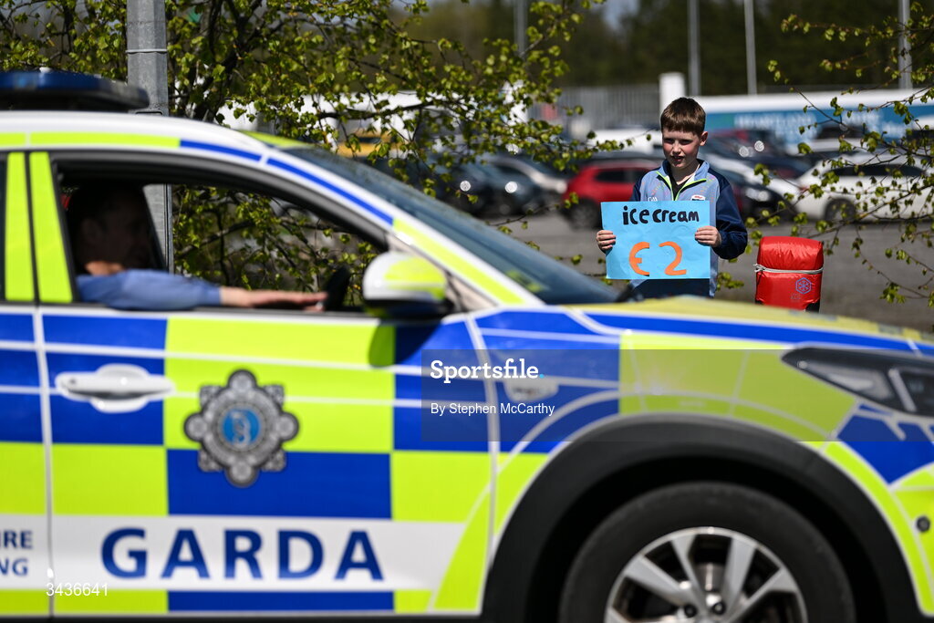 25 April 2026; Ice-cream vendor Nathan Ferguson awaits customers before the Connacht GAA Football Senior Championship semi-final match between Leitrim and Galway at Heartland Credit Union Páirc Seán Mac Diarmada in Carrick-on-Shannon, Leitrim. Photo by Stephen McCarthy/Sportsfile