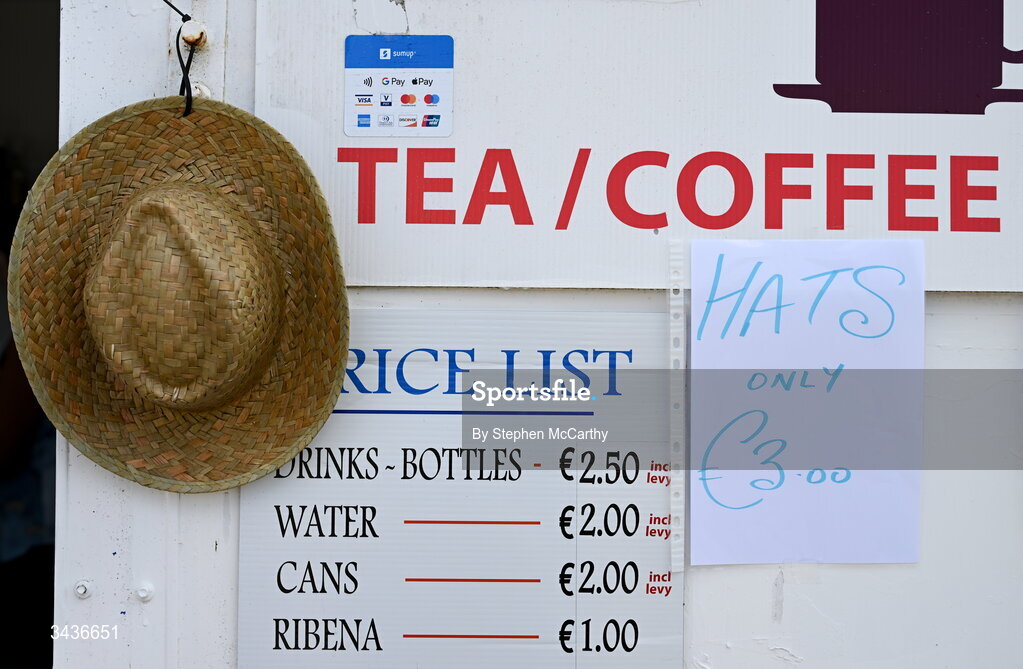 25 April 2026; Straw hats on sale inside the ground before the Connacht GAA Football Senior Championship semi-final match between Leitrim and Galway at Heartland Credit Union Páirc Seán Mac Diarmada in Carrick-on-Shannon, Leitrim. Photo by Stephen McCarthy/Sportsfile
