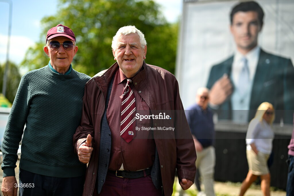 25 April 2026; Galway supporters Pat Geraghty and Gerry Rush, right, before the Connacht GAA Football Senior Championship semi-final match between Leitrim and Galway at Heartland Credit Union Páirc Seán Mac Diarmada in Carrick-on-Shannon, Leitrim. Photo by Stephen McCarthy/Sportsfile