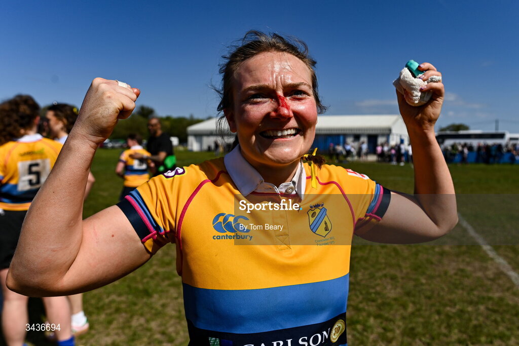 25 April 2026; Clio Maicaz of Clondalkin RFC celebrates after her side’s victory in the Leinster Rugby Women's Paul Cusack Plate final match between Birr RFC and Clondalkin RFC at Portlaoise RFC in Portlaoise, Laois. Photo by Tom Beary/Sportsfile