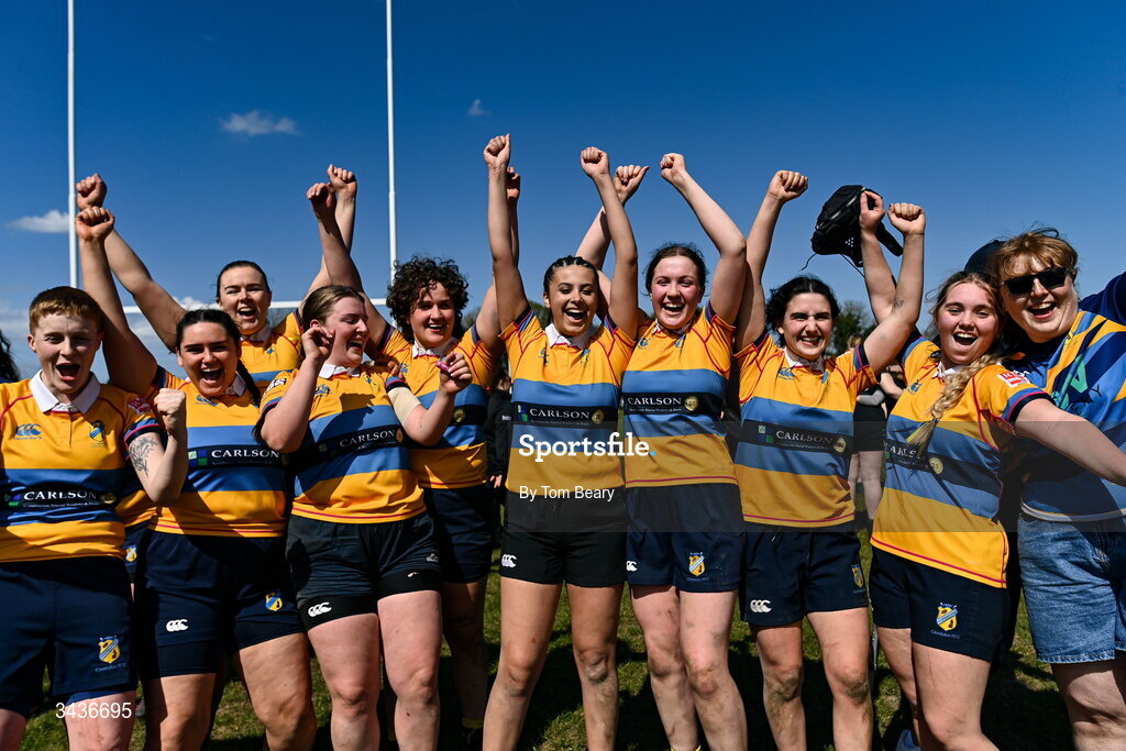 25 April 2026; Clondalkin RFC players celebrate their side’s victory in the Leinster Rugby Women's Paul Cusack Plate final match between Birr RFC and Clondalkin RFC at Portlaoise RFC in Portlaoise, Laois. Photo by Tom Beary/Sportsfile