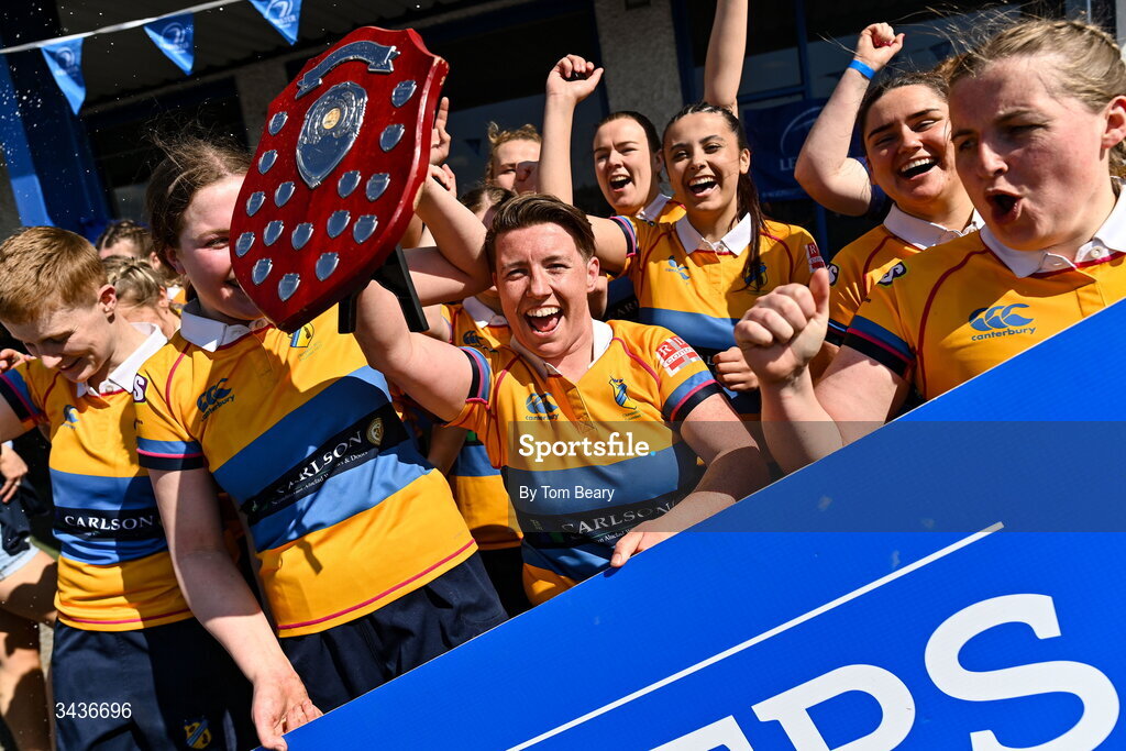 25 April 2026; Clondalkin RFC captain Louise Dixon celebrates with the trophy after the Leinster Rugby Women's Paul Cusack Plate final match between Birr RFC and Clondalkin RFC at Portlaoise RFC in Portlaoise, Laois. Photo by Tom Beary/Sportsfile