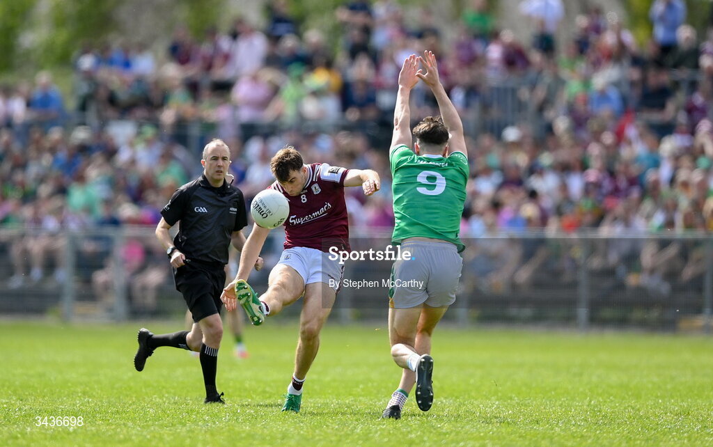 25 April 2026; Paul Conroy of Galway in action against Conor Quinn of Leitrim during the Connacht GAA Football Senior Championship semi-final match between Leitrim and Galway at Heartland Credit Union Páirc Seán Mac Diarmada in Carrick-on-Shannon, Leitrim. Photo by Stephen McCarthy/Sportsfile
