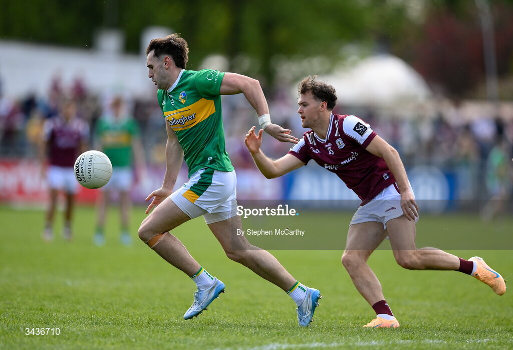 25 April 2026; Cillian McGloin of Leitrim in action against Robert Finnerty of Galway during the Connacht GAA Football Senior Championship semi-final match between Leitrim and Galway at Heartland Credit Union Páirc Seán Mac Diarmada in Carrick-on-Shannon, Leitrim. Photo by Stephen McCarthy/Sportsfile