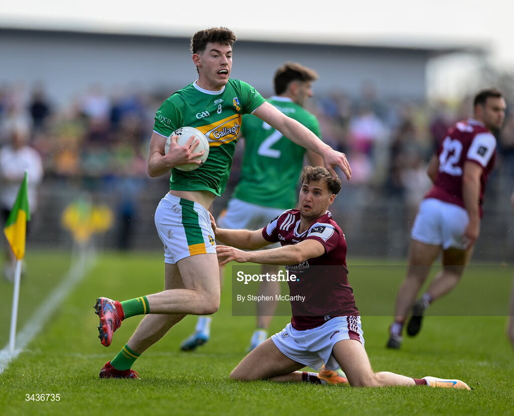 25 April 2026; Conor Quinn of Leitrim is tackled by Robert Finnerty of Galway during the Connacht GAA Football Senior Championship semi-final match between Leitrim and Galway at Heartland Credit Union Páirc Seán Mac Diarmada in Carrick-on-Shannon, Leitrim. Photo by Stephen McCarthy/Sportsfile
