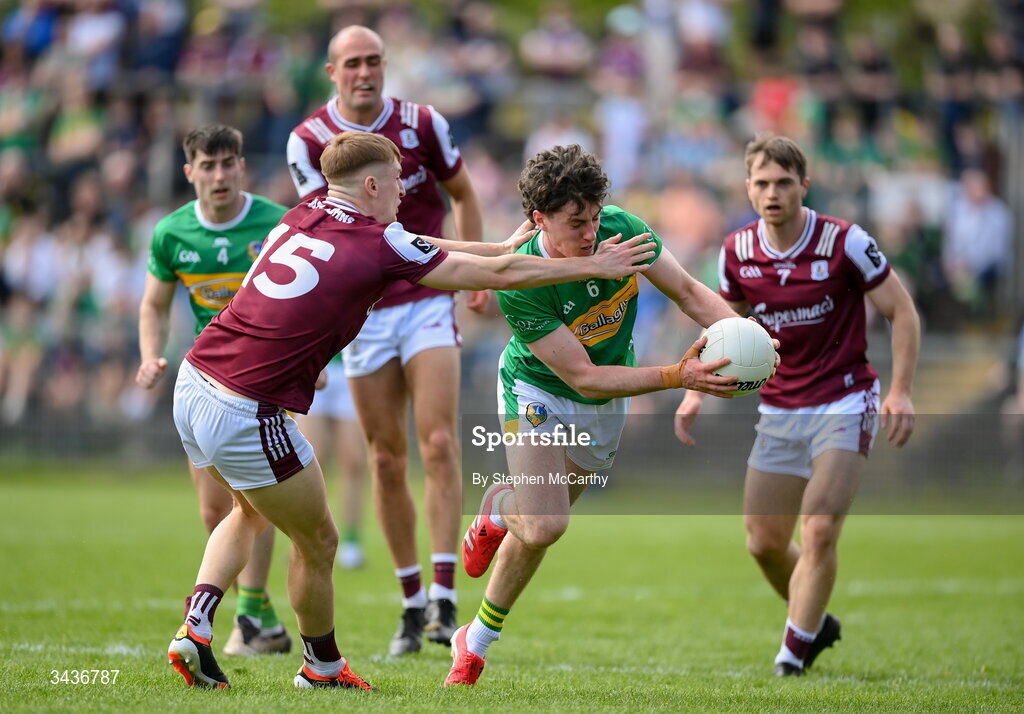 25 April 2026; Mark Diffley of Leitrim is tackled by Oisín Mac Donnacha of Galway during the Connacht GAA Football Senior Championship semi-final match between Leitrim and Galway at Heartland Credit Union Páirc Seán Mac Diarmada in Carrick-on-Shannon, Leitrim. Photo by Stephen McCarthy/Sportsfile