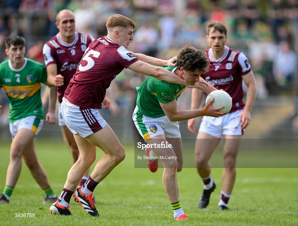 25 April 2026; Mark Diffley of Leitrim is tackled by Oisín Mac Donnacha of Galway during the Connacht GAA Football Senior Championship semi-final match between Leitrim and Galway at Heartland Credit Union Páirc Seán Mac Diarmada in Carrick-on-Shannon, Leitrim. Photo by Stephen McCarthy/Sportsfile