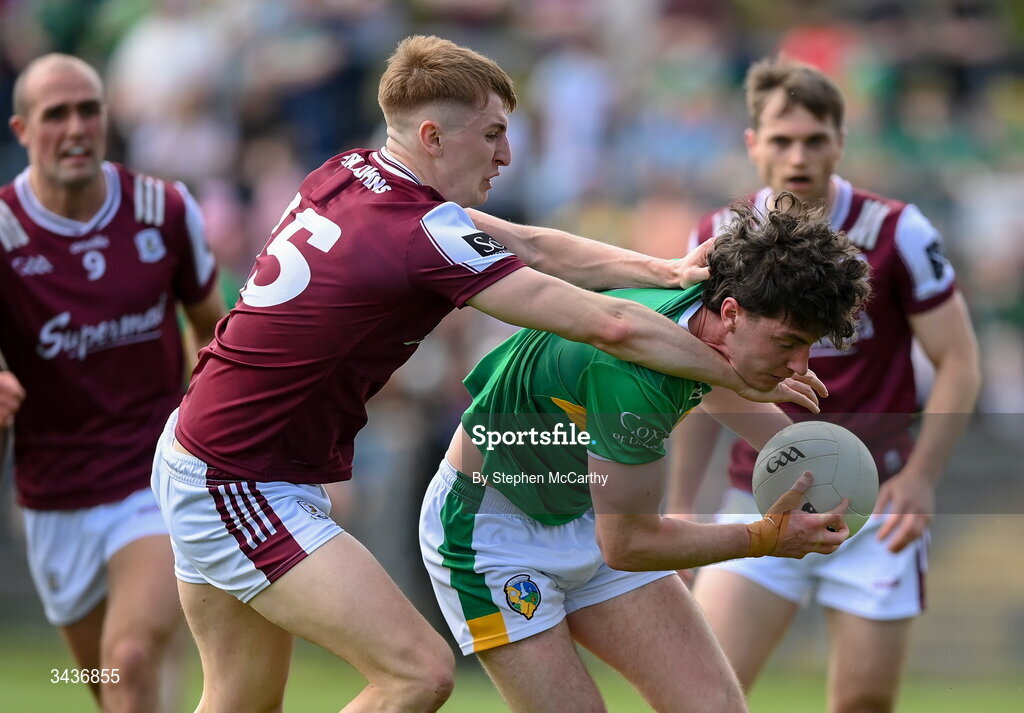 25 April 2026; Mark Diffley of Leitrim is tackled by Oisín Mac Donnacha of Galway during the Connacht GAA Football Senior Championship semi-final match between Leitrim and Galway at Heartland Credit Union Páirc Seán Mac Diarmada in Carrick-on-Shannon, Leitrim. Photo by Stephen McCarthy/Sportsfile