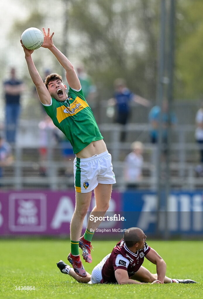 25 April 2026; Conor Quinn of Leitrim and John Maher of Galway during the Connacht GAA Football Senior Championship semi-final match between Leitrim and Galway at Heartland Credit Union Páirc Seán Mac Diarmada in Carrick-on-Shannon, Leitrim. Photo by Stephen McCarthy/Sportsfile