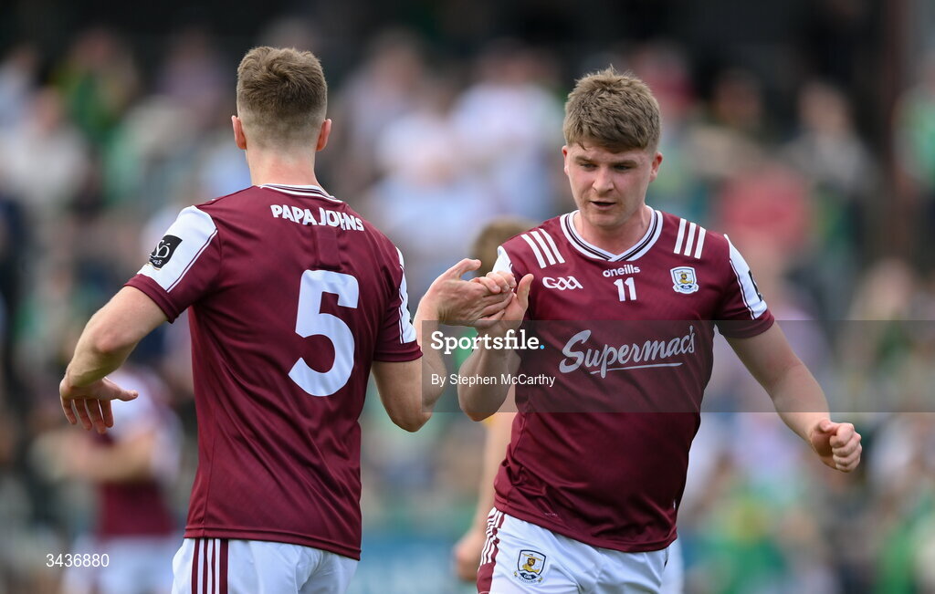 25 April 2026; Liam Ó Conghaile of Galway celebrates with Dylan McHugh, 5, after scoring a two-pointer during the Connacht GAA Football Senior Championship semi-final match between Leitrim and Galway at Heartland Credit Union Páirc Seán Mac Diarmada in Carrick-on-Shannon, Leitrim. Photo by Stephen McCarthy/Sportsfile