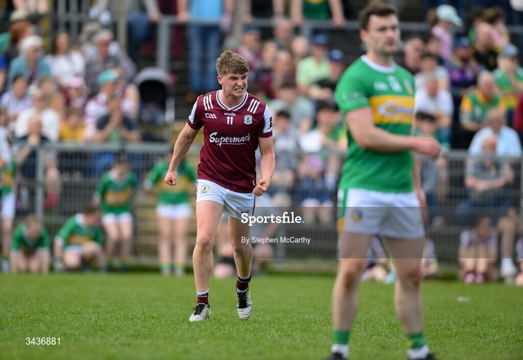 25 April 2026; Liam Ó Conghaile of Galway celebrates after scoring a two-pointer during the Connacht GAA Football Senior Championship semi-final match between Leitrim and Galway at Heartland Credit Union Páirc Seán Mac Diarmada in Carrick-on-Shannon, Leitrim. Photo by Stephen McCarthy/Sportsfile