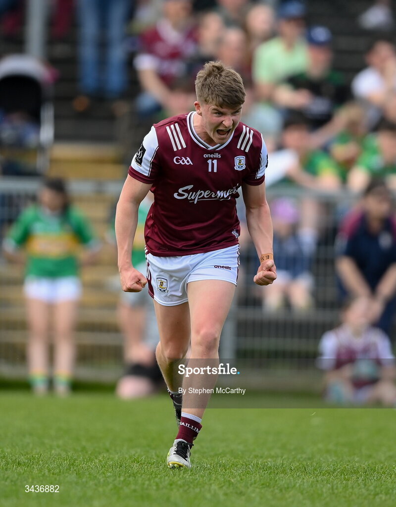 25 April 2026; Liam Ó Conghaile of Galway celebrates after scoring a two-pointer during the Connacht GAA Football Senior Championship semi-final match between Leitrim and Galway at Heartland Credit Union Páirc Seán Mac Diarmada in Carrick-on-Shannon, Leitrim. Photo by Stephen McCarthy/Sportsfile