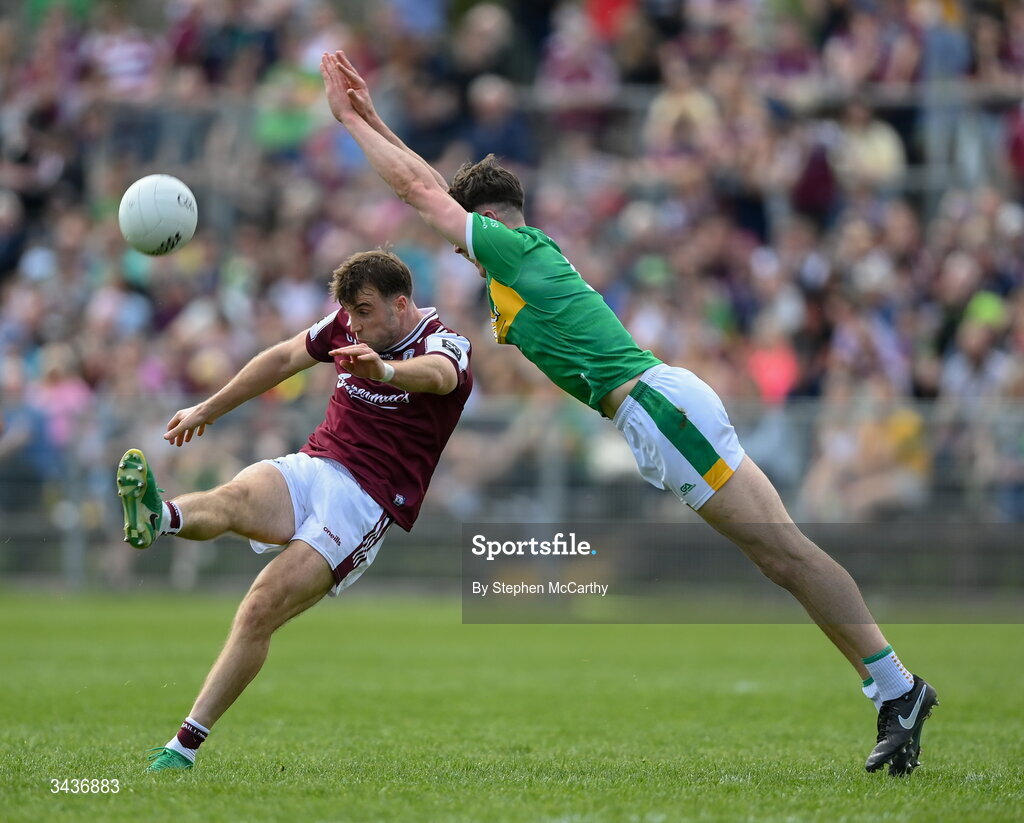 25 April 2026; Paul Conroy of Galway and Barry McNulty of Leitrim during the Connacht GAA Football Senior Championship semi-final match between Leitrim and Galway at Heartland Credit Union Páirc Seán Mac Diarmada in Carrick-on-Shannon, Leitrim. Photo by Stephen McCarthy/Sportsfile