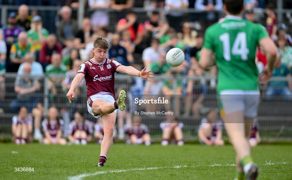 25 April 2026; Liam Ó Conghaile of Galway kicks a two-pointer during the Connacht GAA Football Senior Championship semi-final match between Leitrim and Galway at Heartland Credit Union Páirc Seán Mac Diarmada in Carrick-on-Shannon, Leitrim. Photo by Stephen McCarthy/Sportsfile