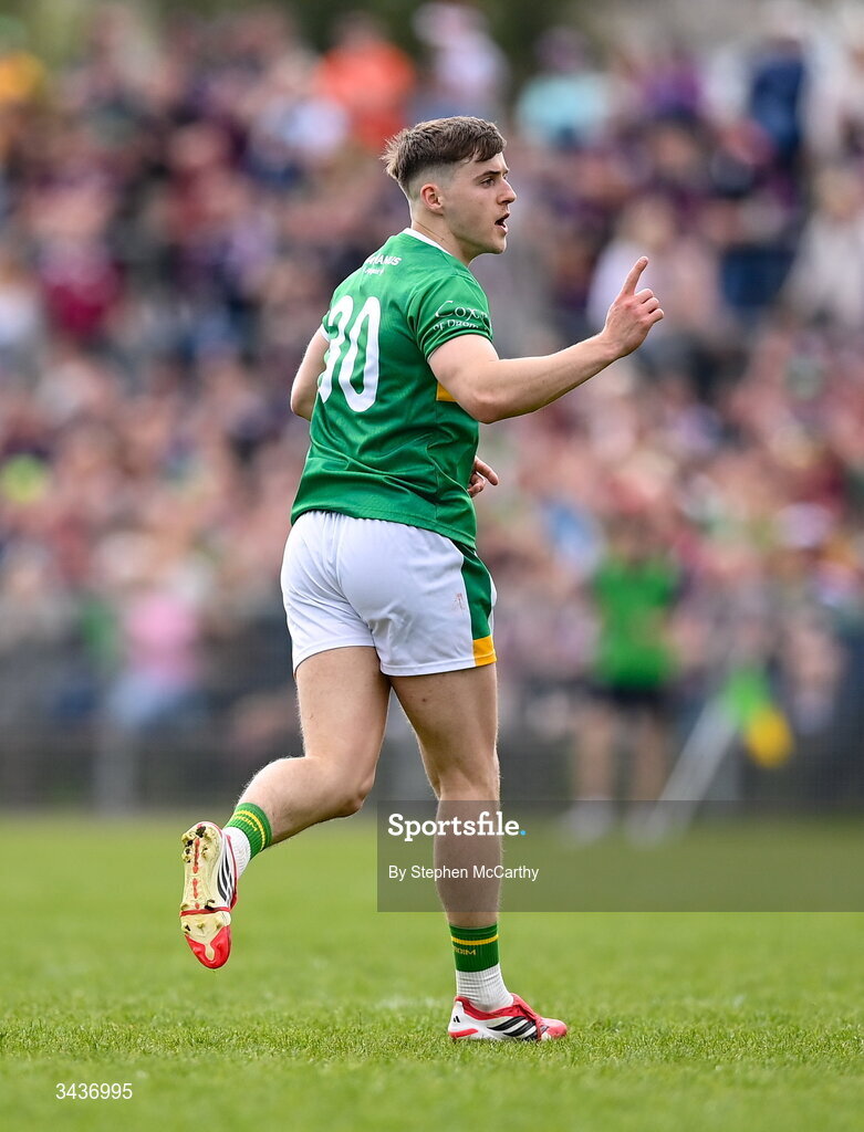 25 April 2026; Oisín McLoughlin of Leitrim celebrates a second half score during the Connacht GAA Football Senior Championship semi-final match between Leitrim and Galway at Heartland Credit Union Páirc Seán Mac Diarmada in Carrick-on-Shannon, Leitrim. Photo by Stephen McCarthy/Sportsfile