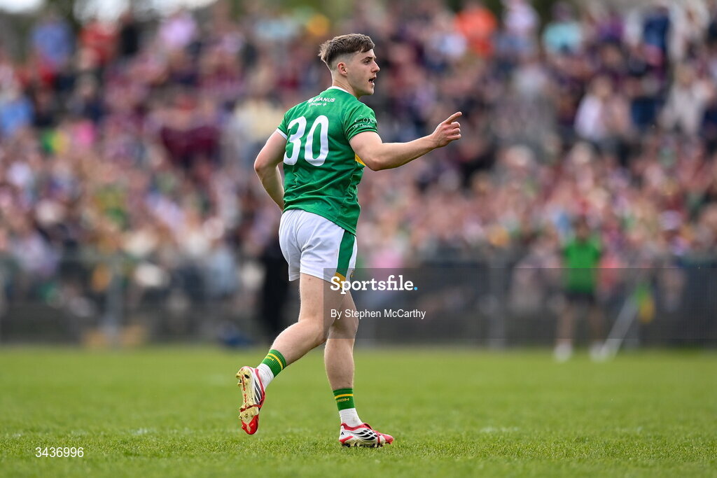 25 April 2026; Oisín McLoughlin of Leitrim celebrates a second half score during the Connacht GAA Football Senior Championship semi-final match between Leitrim and Galway at Heartland Credit Union Páirc Seán Mac Diarmada in Carrick-on-Shannon, Leitrim. Photo by Stephen McCarthy/Sportsfile