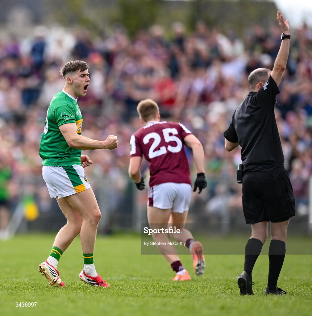 25 April 2026; Oisín McLoughlin of Leitrim celebrates a second half score during the Connacht GAA Football Senior Championship semi-final match between Leitrim and Galway at Heartland Credit Union Páirc Seán Mac Diarmada in Carrick-on-Shannon, Leitrim. Photo by Stephen McCarthy/Sportsfile