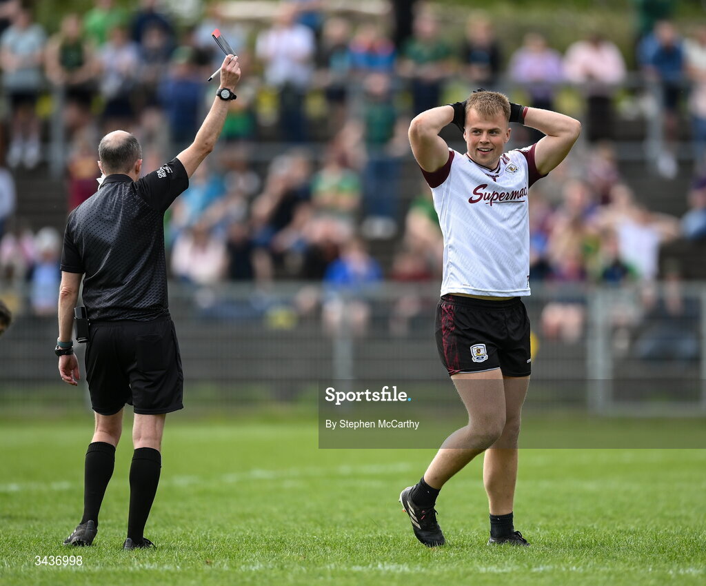 25 April 2026; Galway goalkeeper Conor Flaherty is shown a black card by referee Niall Cullen during the Connacht GAA Football Senior Championship semi-final match between Leitrim and Galway at Heartland Credit Union Páirc Seán Mac Diarmada in Carrick-on-Shannon, Leitrim. Photo by Stephen McCarthy/Sportsfile