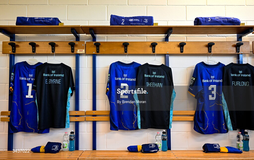 25 April 2026; The jerseys of Ed Byrne, Dan Sheehan and Tadhg Furlong in the Leinster dressingroom before the United Rugby Championship match between Benetton and Leinster at Stadio Monigo in Treviso, Italy. Photo by Brendan Moran/Sportsfile