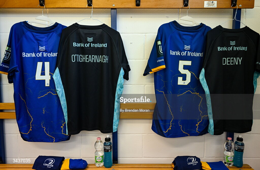 25 April 2026; The jerseys of Conor O’Tighearnaigh, left, and Brian Deeny in the Leinster dressingroom before the United Rugby Championship match between Benetton and Leinster at Stadio Monigo in Treviso, Italy. Photo by Brendan Moran/Sportsfile