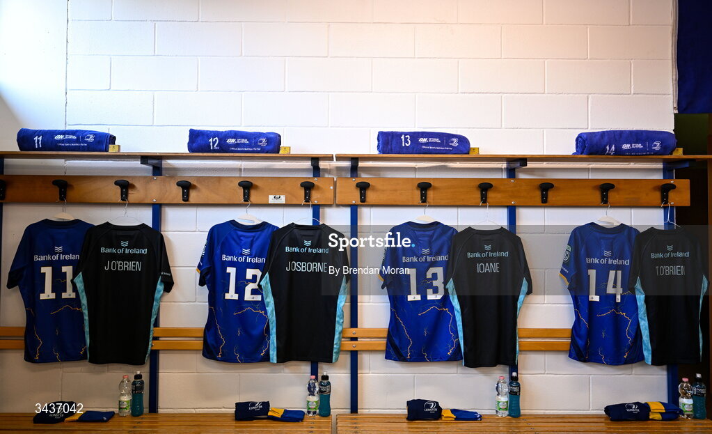 25 April 2026; The jerseys of Jimmy O'Brien, Jamie Osborne, Rieko Ioane and Tommy O'Brien in the Leinster dressingroom before the United Rugby Championship match between Benetton and Leinster at Stadio Monigo in Treviso, Italy. Photo by Brendan Moran/Sportsfile