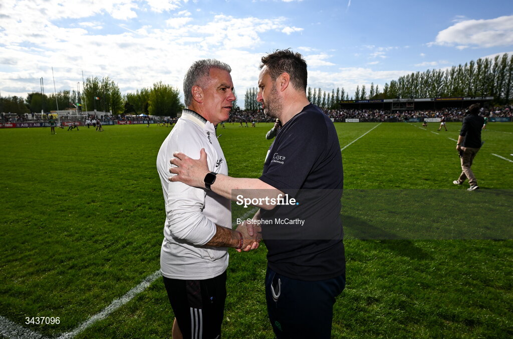 25 April 2026; Galway manager Pádraic Joyce, left, and Leitrim manager Steven Poacher shakes hands after the Connacht GAA Football Senior Championship semi-final match between Leitrim and Galway at Heartland Credit Union Páirc Seán Mac Diarmada in Carrick-on-Shannon, Leitrim. Photo by Stephen McCarthy/Sportsfile