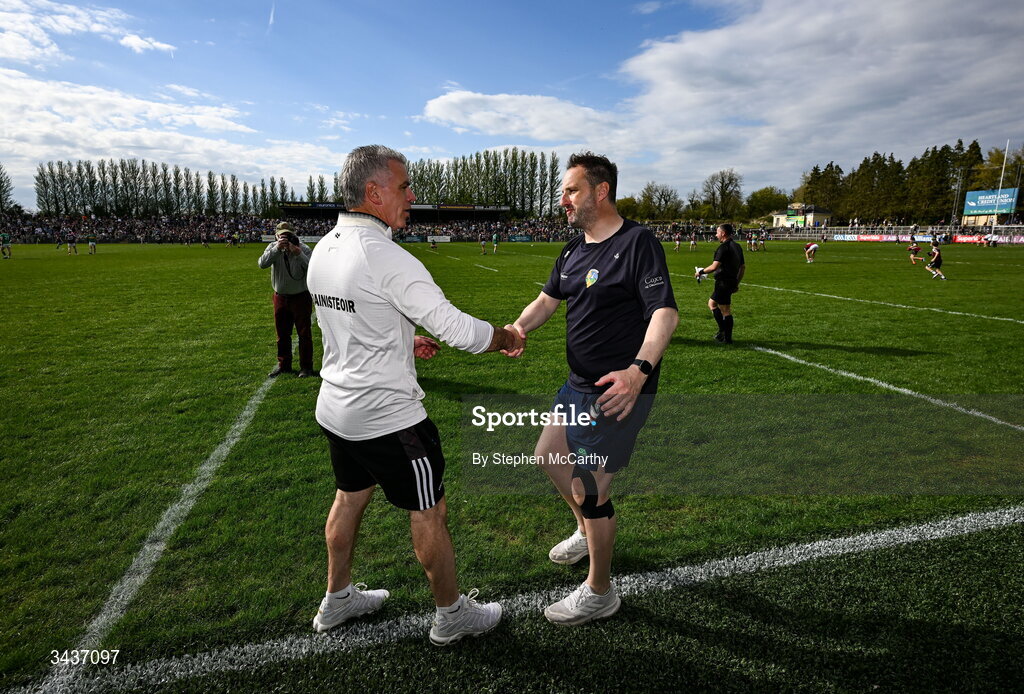 25 April 2026; Galway manager Pádraic Joyce, left, and Leitrim manager Steven Poacher shakes hands after the Connacht GAA Football Senior Championship semi-final match between Leitrim and Galway at Heartland Credit Union Páirc Seán Mac Diarmada in Carrick-on-Shannon, Leitrim. Photo by Stephen McCarthy/Sportsfile