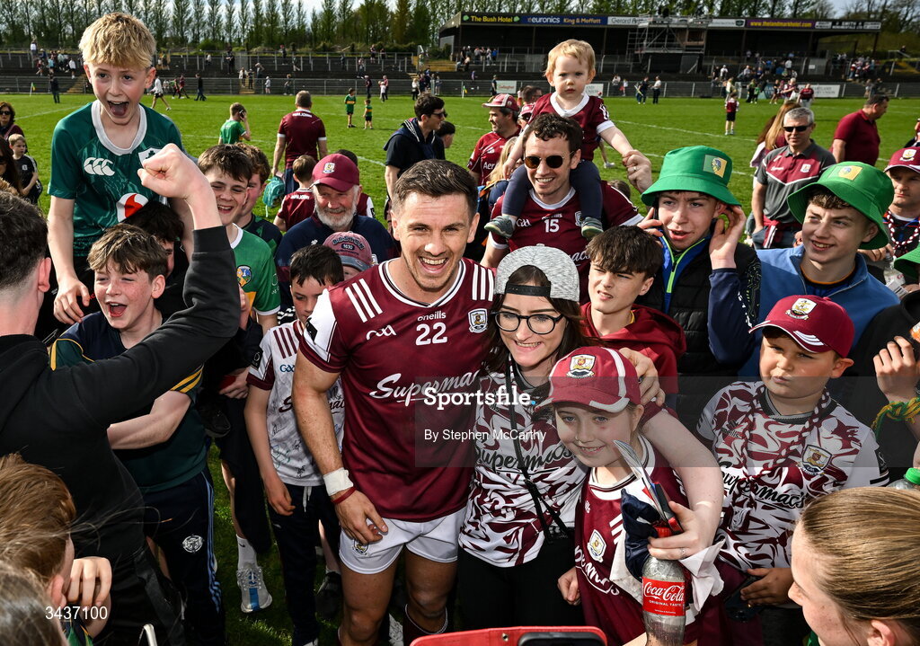 25 April 2026; Shane Walsh of Galway with supporters following his side's victory in the Connacht GAA Football Senior Championship semi-final match between Leitrim and Galway at Heartland Credit Union Páirc Seán Mac Diarmada in Carrick-on-Shannon, Leitrim. Photo by Stephen McCarthy/Sportsfile