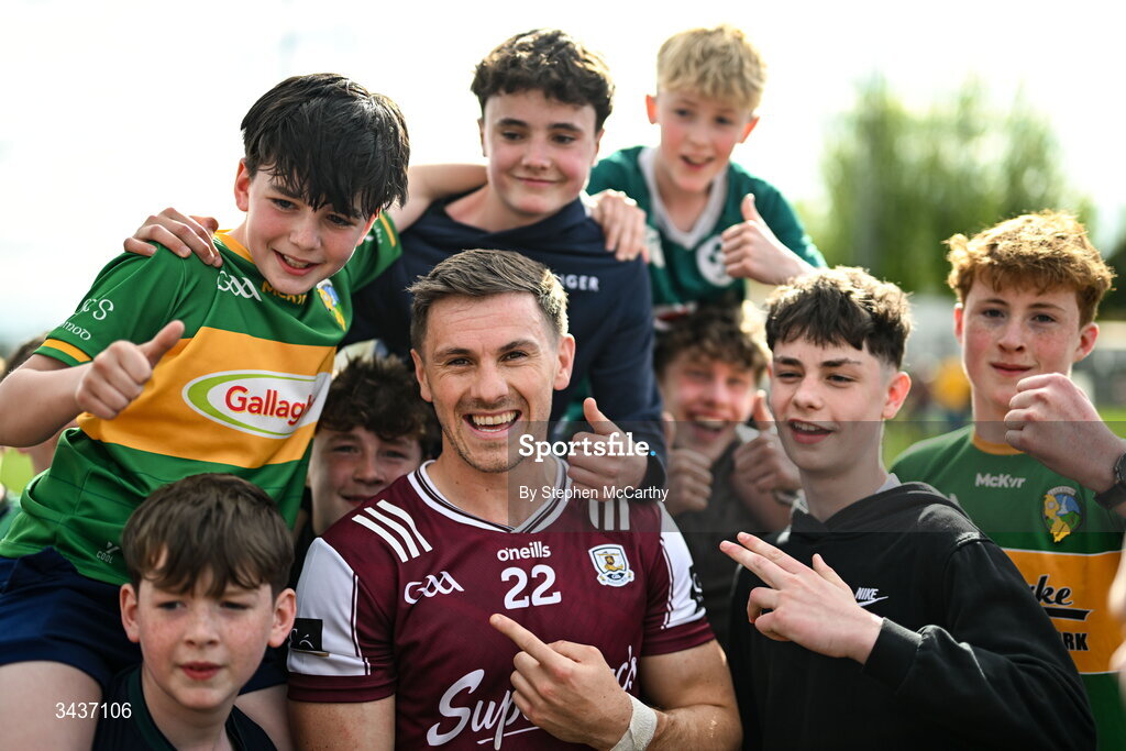 25 April 2026; Shane Walsh of Galway with supporters following his side's victory in the Connacht GAA Football Senior Championship semi-final match between Leitrim and Galway at Heartland Credit Union Páirc Seán Mac Diarmada in Carrick-on-Shannon, Leitrim. Photo by Stephen McCarthy/Sportsfile