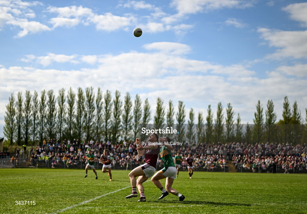 25 April 2026; Damien Comer of Galway and Eoin McLoughlin of Leitrim during the Connacht GAA Football Senior Championship semi-final match between Leitrim and Galway at Heartland Credit Union Páirc Seán Mac Diarmada in Carrick-on-Shannon, Leitrim. Photo by Stephen McCarthy/Sportsfile