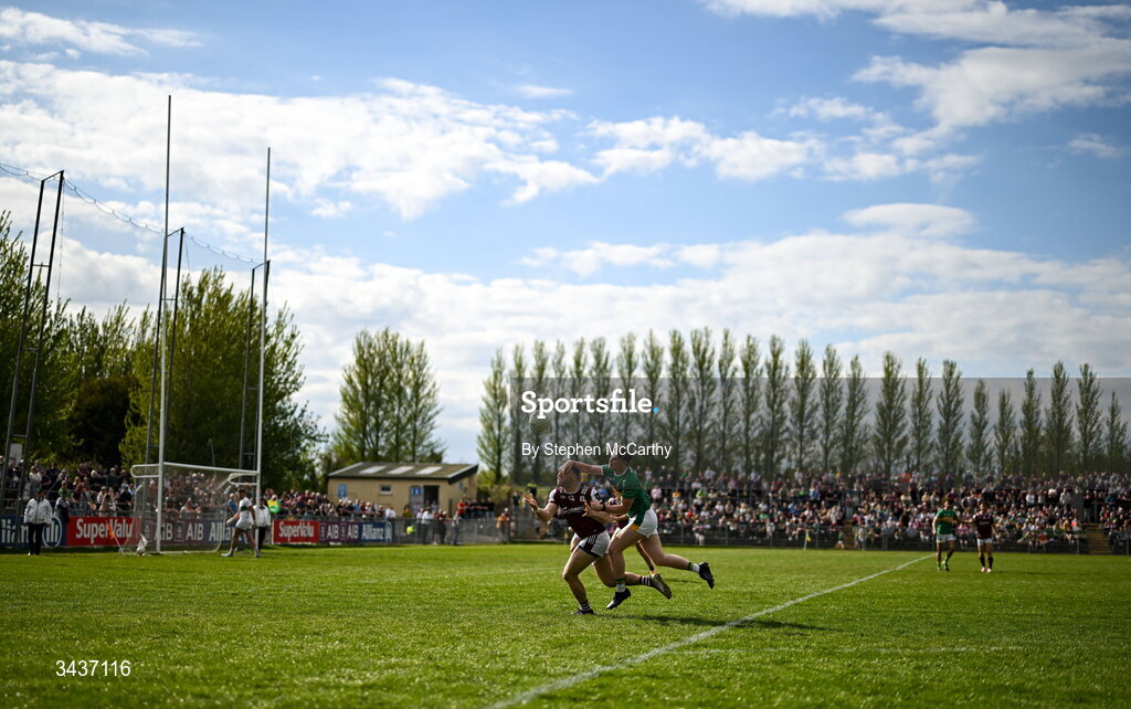 25 April 2026; Damien Comer of Galway and Eoin McLoughlin of Leitrim during the Connacht GAA Football Senior Championship semi-final match between Leitrim and Galway at Heartland Credit Union Páirc Seán Mac Diarmada in Carrick-on-Shannon, Leitrim. Photo by Stephen McCarthy/Sportsfile