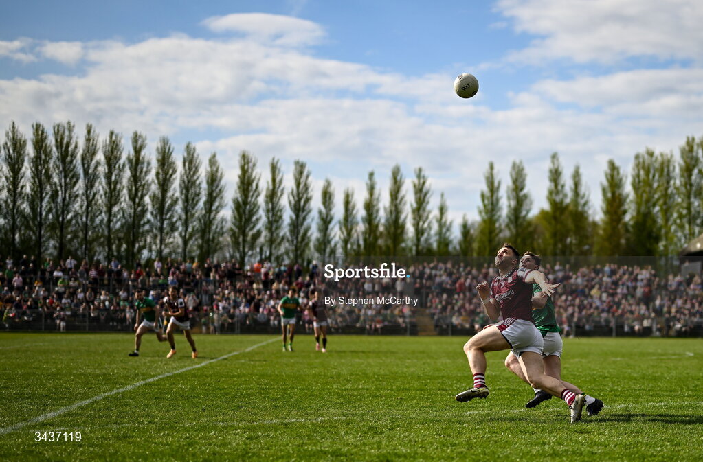 25 April 2026; Damien Comer of Galway and Eoin McLoughlin of Leitrim during the Connacht GAA Football Senior Championship semi-final match between Leitrim and Galway at Heartland Credit Union Páirc Seán Mac Diarmada in Carrick-on-Shannon, Leitrim. Photo by Stephen McCarthy/Sportsfile