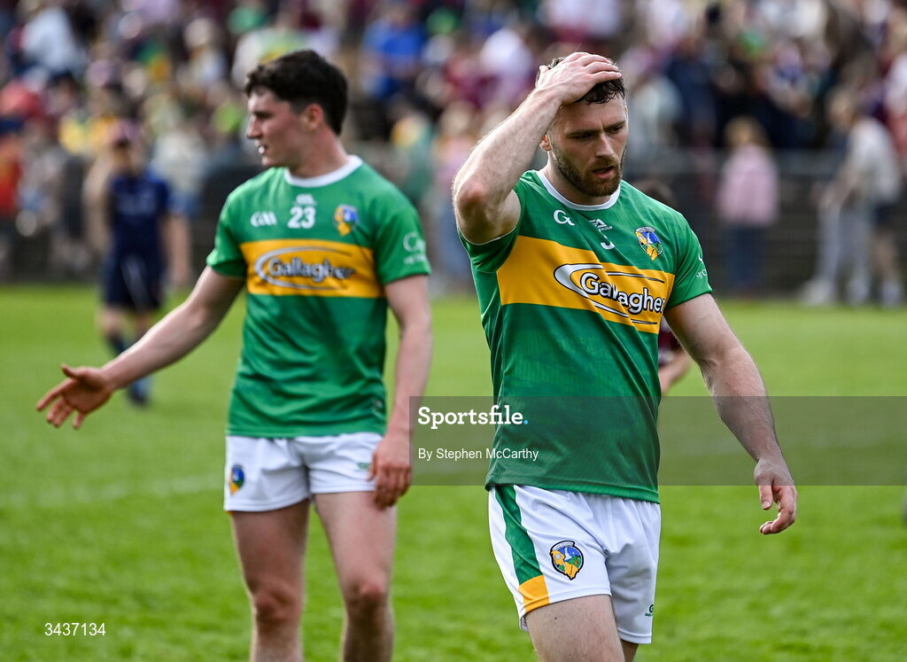 25 April 2026; Conor Reynolds of Leitrim, right, following his side's defeat in the Connacht GAA Football Senior Championship semi-final match between Leitrim and Galway at Heartland Credit Union Páirc Seán Mac Diarmada in Carrick-on-Shannon, Leitrim. Photo by Stephen McCarthy/Sportsfile